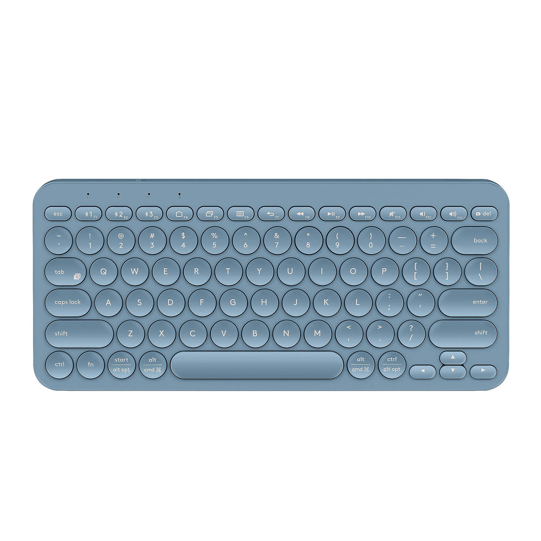 Stijlvol, compact blauw draadloos Bluetooth toestenbord, afgeronde hoeken en ronde toetsen, QWERTY-indeling, recht van boven gezien op witte achtergrond