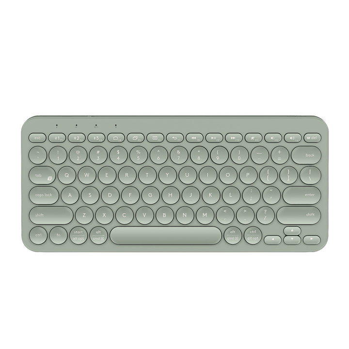 Stijlvol, compact groen draadloos Bluetooth toestenbord, afgeronde hoeken en ronde toetsen, QWERTY-indeling, recht van boven gezien op witte achtergrond