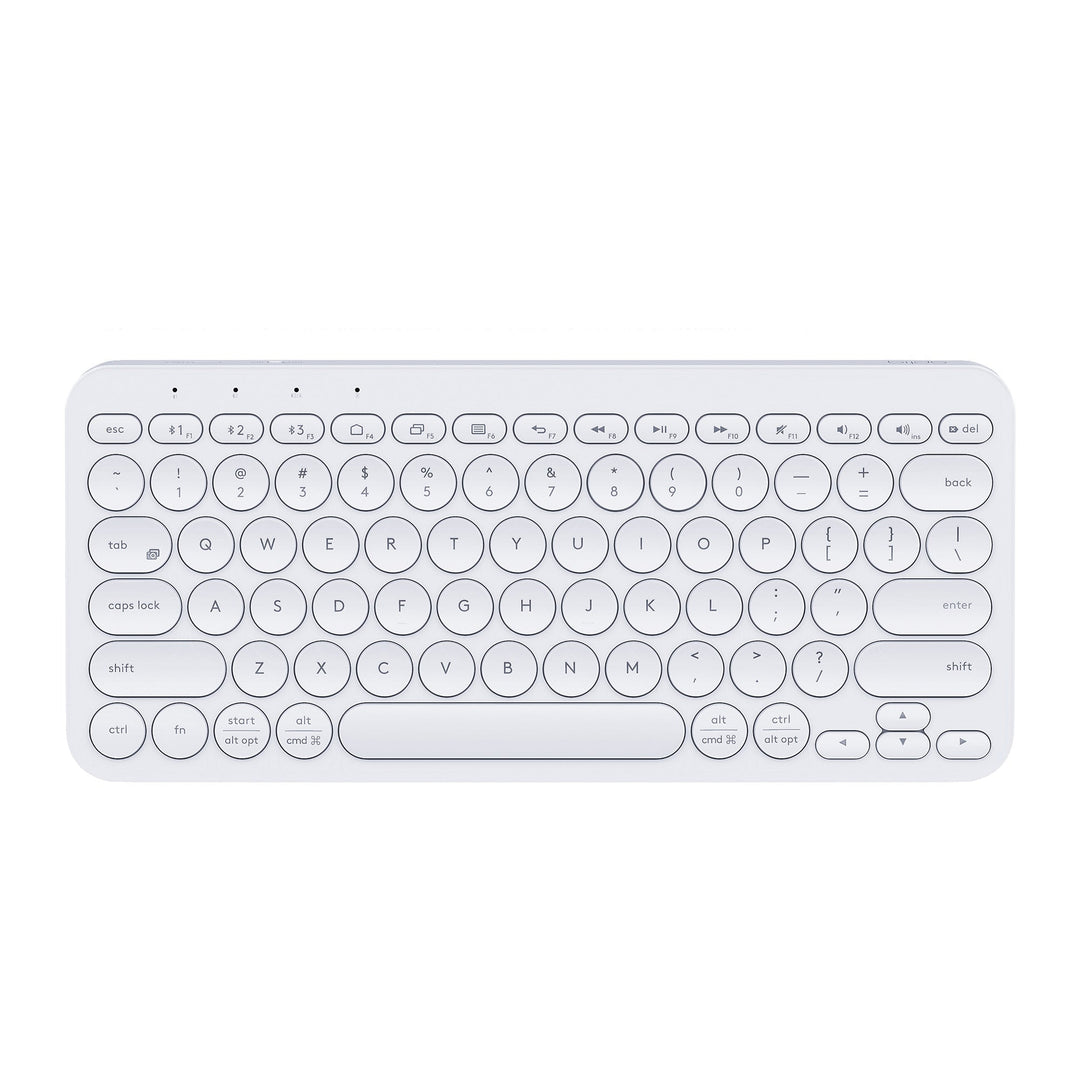 Stijlvol, compact wit draadloos Bluetooth toestenbord, afgeronde hoeken en ronde toetsen, QWERTY-indeling, recht van boven gezien op witte achtergrond