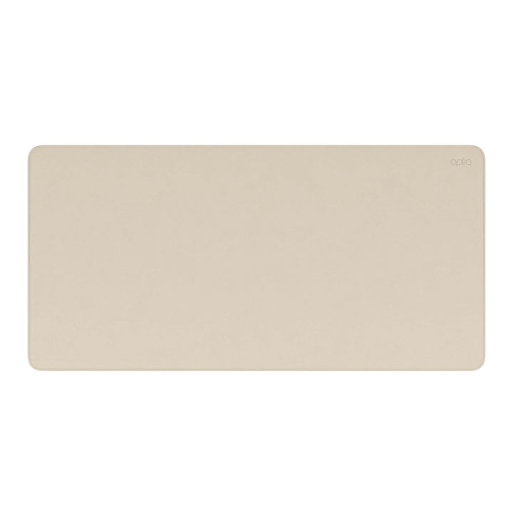 Luxe sand bureau onderlegger, leer look, dubbelzijdig met gestikte rand en Aptiq logo, van boven gezien op witte achtergrond