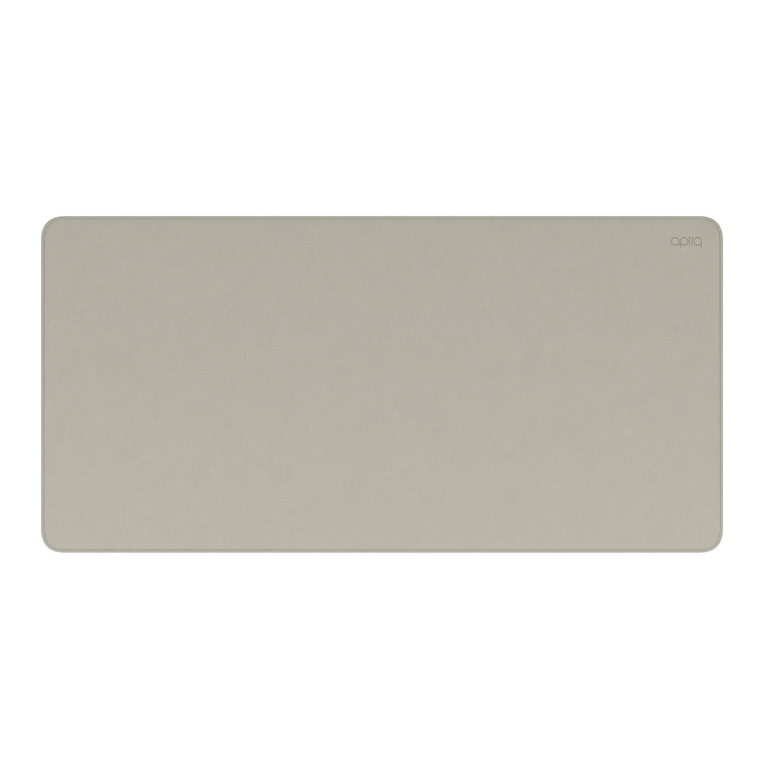Luxe stone bureau onderlegger, leer look, dubbelzijdig met gestikte rand en Aptiq logo, van boven gezien op witte achtergrond