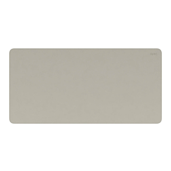 Luxe stone bureau onderlegger, leer look, dubbelzijdig met gestikte rand en Aptiq logo, van boven gezien op witte achtergrond