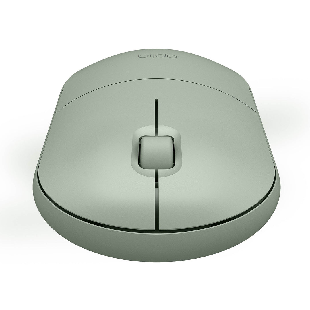 Draadloze groene muis, minimalistisch ovaal design, met breed soft scroll wheel, voor links en rechts handigen, van voren gezien op witte achtergrond