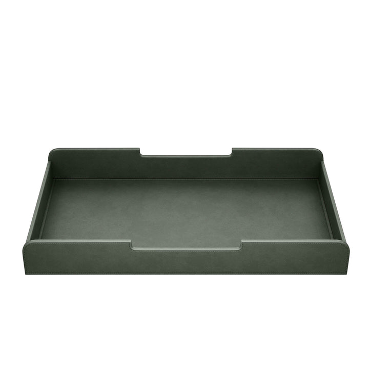 Luxe forest green lade voor de Aptiq monitor standaard, leer look met afgeronde hoeken en uitsparingen voor kabels, aanzicht van voren op witte achtergrond