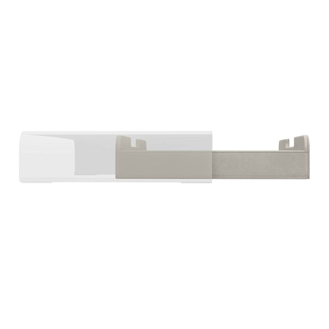 Luxe stone lade voor de Aptiq monitor standaard, leer look met afgeronde hoeken en uitsparingen voor kabels, aanzicht zijkant en half uitgeschoven op witte achtergrond