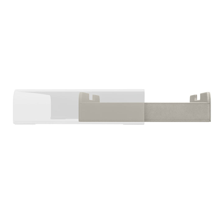 Luxe stone lade voor de Aptiq monitor standaard, leer look met afgeronde hoeken en uitsparingen voor kabels, aanzicht zijkant en half uitgeschoven op witte achtergrond
