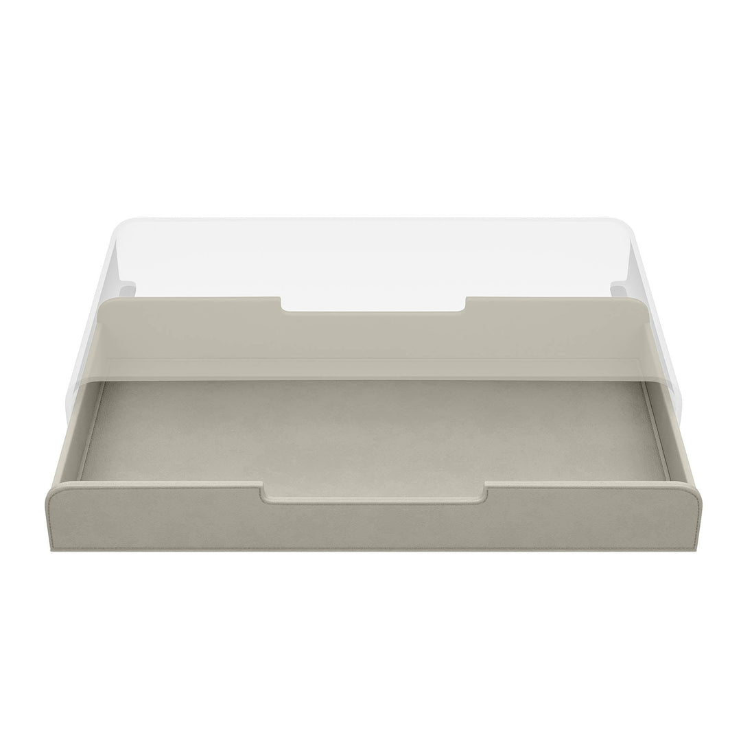 Luxe stone lade voor de Aptiq monitor standaard, leer look met afgeronde hoeken en uitsparingen voor kabels, aanzicht van voren en half uitgeschoven op witte achtergrond