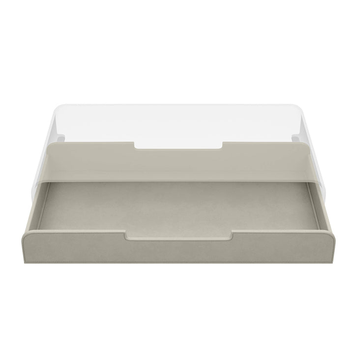 Luxe stone lade voor de Aptiq monitor standaard, leer look met afgeronde hoeken en uitsparingen voor kabels, aanzicht van voren en half uitgeschoven op witte achtergrond