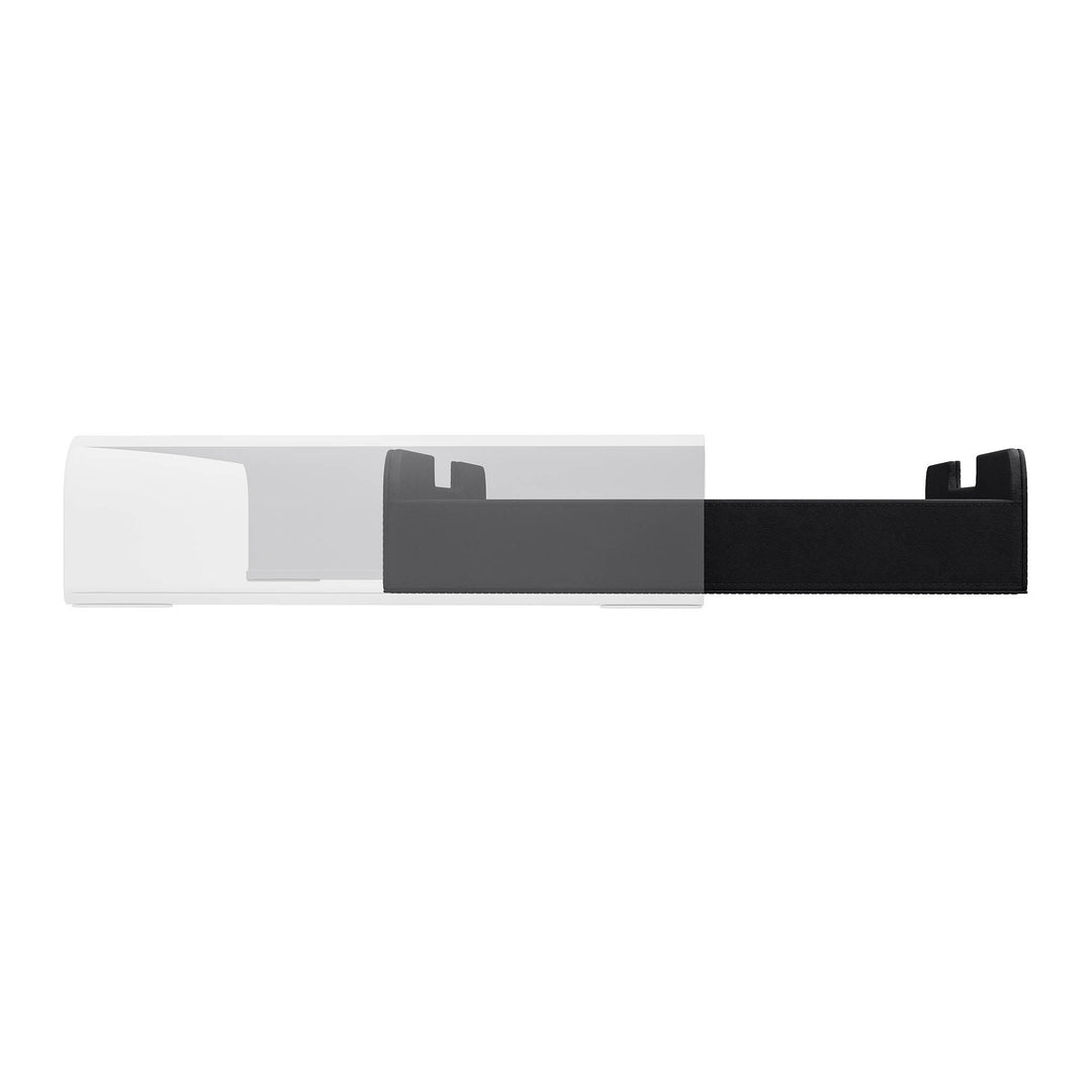 Luxe zwarte lade voor de Aptiq monitor standaard, leer look met afgeronde hoeken en uitsparingen voor kabels, aanzicht zijkant en half uitgeschoven op witte achtergrond