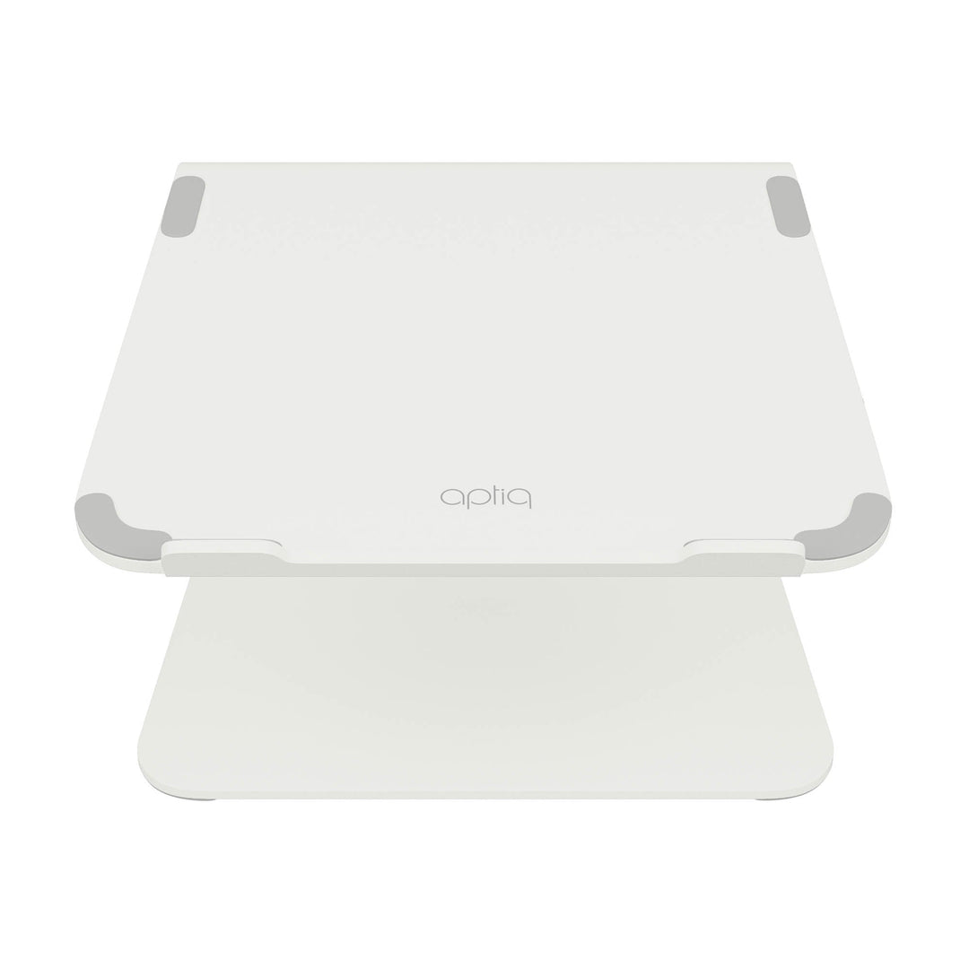 Witte laptop standaard van aluminium in matte afwerking met grijze bescherm pads, van voren gezien op witte achtergrond