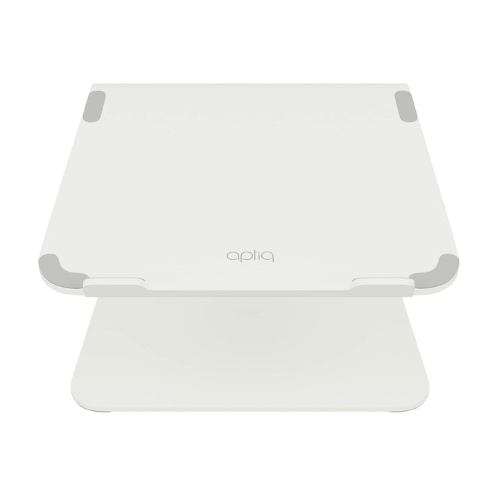 Witte laptop standaard van aluminium in matte afwerking met grijze bescherm pads, van voren gezien op witte achtergrond