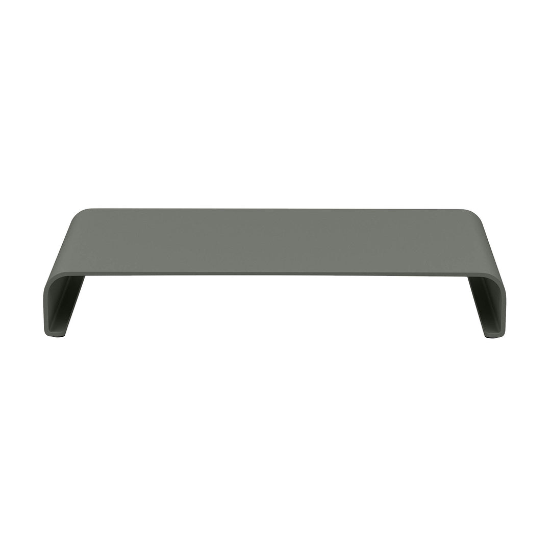 Groene monitor standaard van aluminium in matte afwerking, met opbergruimte, van achteren gezien op witte achtergrond