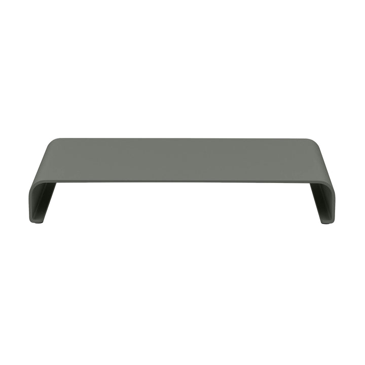 Groene monitor standaard van aluminium in matte afwerking, met opbergruimte, van achteren gezien op witte achtergrond