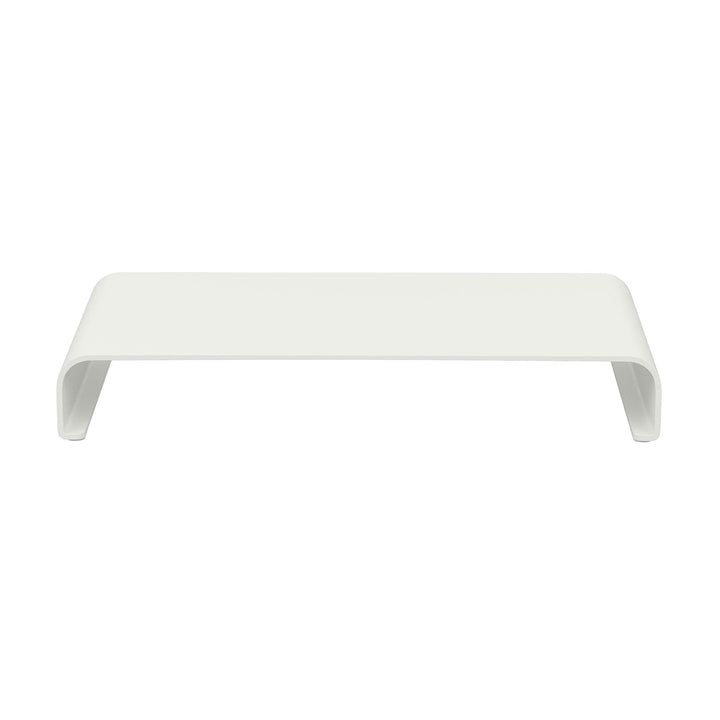Witte monitor standaard van aluminium in matte afwerking, met opbergruimte, van achteren gezien op witte achtergrond