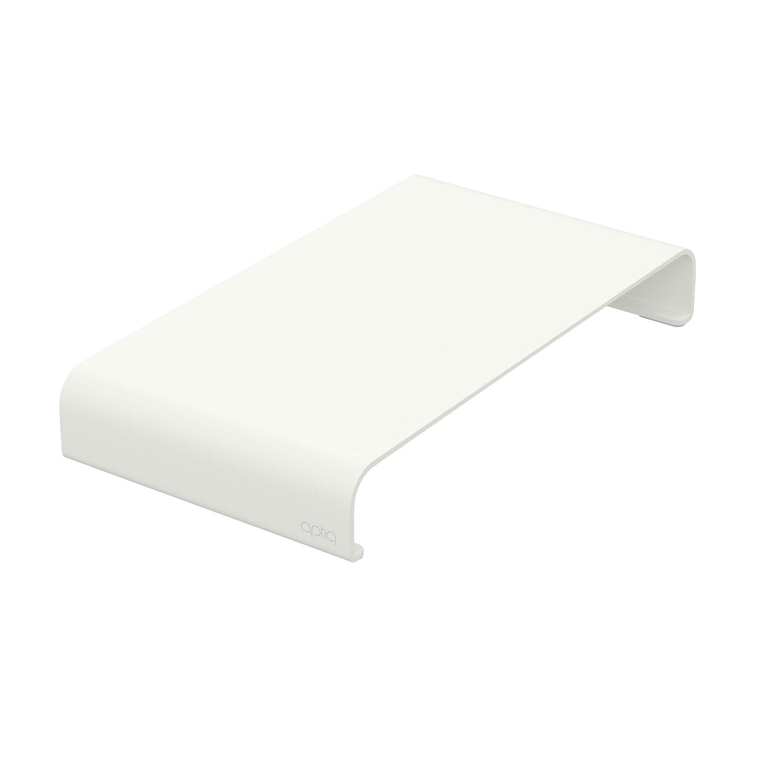 Witte monitor standaard van aluminium in matte afwerking, met opbergruimte, schuin van achteren gezien op witte achtergrond