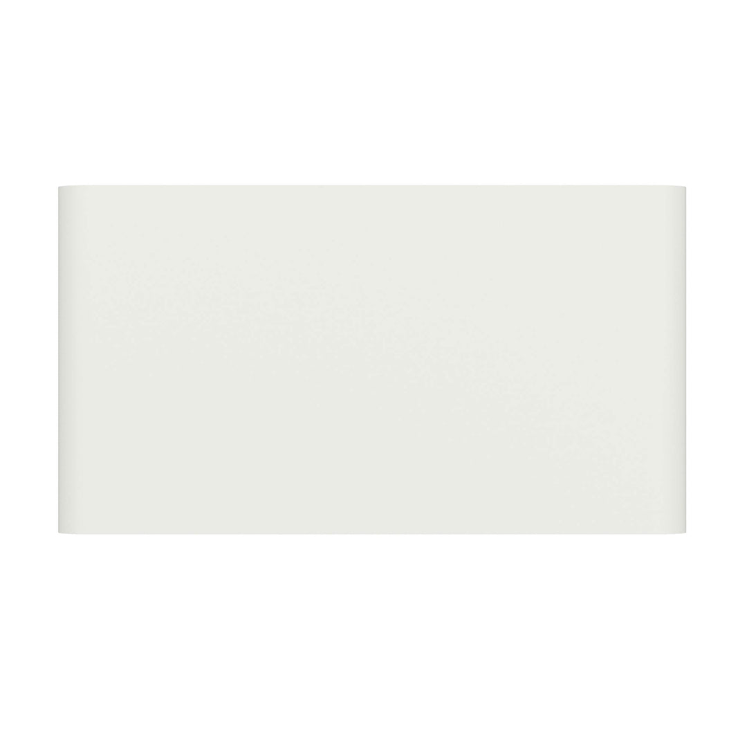 Witte monitor standaard van aluminium in matte afwerking, met opbergruimte, van boven gezien op witte achtergrond