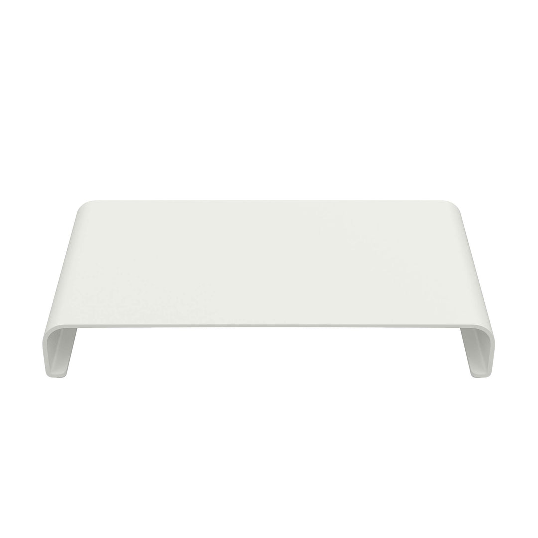 Witte monitor standaard van aluminium in matte afwerking, met opbergruimte, schuin van voren gezien op witte achtergrond