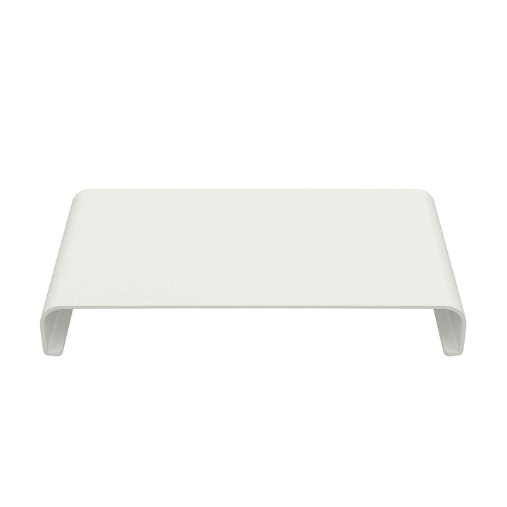 Witte monitor standaard van aluminium in matte afwerking, met opbergruimte, schuin van voren gezien op witte achtergrond