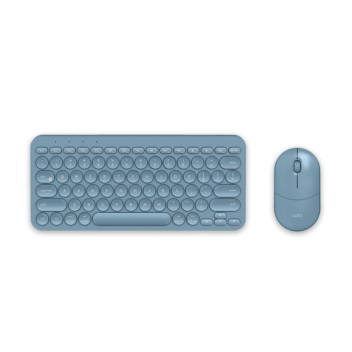 Een stijlvolle draadloze set bestaande uit een blauw compact QWERTY toestenbord, Bluetooth, met afgeronde hoeken en ronde toetsen, en een bijpassende muis, recht van boven gezien op witte achtergrond